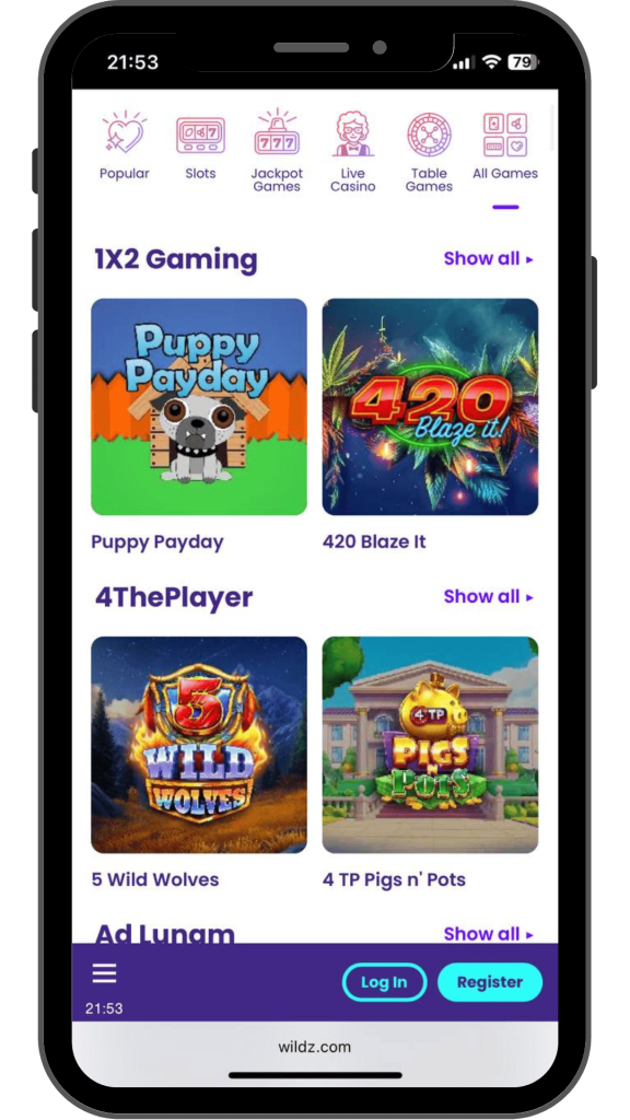 All games at wildz Casino