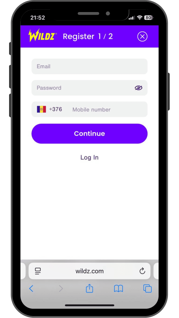 Registration at wildz Casino